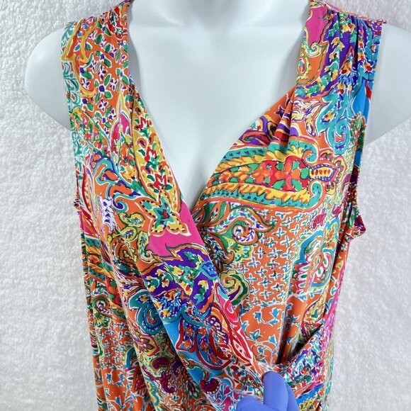 Lauren Ralph Lauren 1X Womens Ruched Side Paisley Print V-Neck Sleeveless Dress - Picture 4 of 11